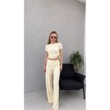 CROP VE PANTOLON İKİLİ TAKIM BUBBLE KUMAŞ YUMUŞACIK - YANI KANALLI CROP VE YÜKSEK BEL PANTOLON (SARI, M)