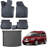 Cross Oto Aksesuarları Volkswagen Caddy Combi 2010-2020 için Paspas ve Bagaj Havuzu Seti, Yüksek Kenarlı, Esnek, A+ Kalite, Kokusuz - Siyah