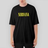 Crows Gate Nirvana Yazı Sarı Oversize Siyah Tişört