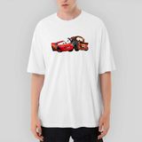 Crows Gate Şimşek Mcqueen ve Tow Mater Arabalar Oversize Beyaz Tişört