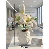 Crystal Coza El Yapımı Şönil Lilyum Çiçeği Taş Tozu Saksılı Dekoratif Yapay Çiçek | Ev ve Ofis Dekoru | Masa Üstü Süs Bitkisi | Solmayan Hediyelik Çiçek | 8 Renk | 28 cm - Beyaz