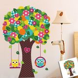 Crystal Kids Bebek ve Çocuk Odası Dekorasyonu Renkli Ağaç ve Baykuşlar PVC Duvar Sticker Yapıştırma Dekor