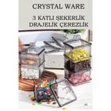 Crystal Ware 3 Katlı Şeffaf Kare Şekerlik Drajelik Çerezlik Sunumluk F113