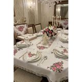 Çt Çeyizci Tekstil Kanaviçe Masa Örtüsü 12 Kişilik Pembe Yemek Seti – 26 Parça 160x220cm Kanaviçe Baskılı Yemek Seti