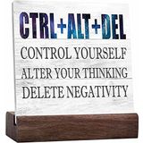 CTRL+ALT+DEL - Control Yourself Alter Your Thinking - Olumsuzluğu Sil Ahşap Standlı Seramik Masa Plakası Ofis Dekoru İlham Olumlu Slogan Masası Benzersiz Teşekkür Hediyesi