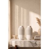Cuale Design 2'li Çizgi Dekoratif Minimalist Seramik Görünümlü Mat Vazo Seti, 17-15 cm Büyük - Küçük Boy