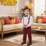 Cubbux Erkek Çocuk Puantiyeli Gömlekli Askılı Papyonlu Bayramlık Pantolon 4'lü Takım - Kırmızı - 1 Yaş