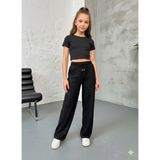 Cubbux Kız Çocuk&genç Taşlı Pantolon Wide Leg Bol Paça Kumaş Beli Lastikli - Siyah-001 - 10 Yaş