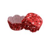 Cupcake Kalıbı Pet Kapsül Dalgalı Kırmızı Üzeri Fiyonk Ve Kalp Desenli Kek Kalıbı 65X38 MM - 100 Adet