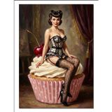 Cupcake Üzerinde Oturan Pinup Kadın Dekoratif Kanvas - Mdf Ahşap Tablo