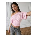 Cupla Kadın Açık Yaka Esnek Kumaş Bele Oturan Bluz Pembe