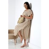 Curly BEJ ÇİZGİLİ KAFTAN ELBİSE