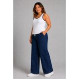 Curve Kadın Büyük Beden Esnek Kumaş Lastikli Yüksek Bel İpli Cepli Bol Paça Jeans Kot Pantolon