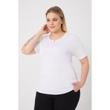 Curve Kadın Büyük Beden Pamuklu Likralı Bisiklet Yaka Düğme Detaylı Basic Düz Beyaz Bluz - 42 - 44