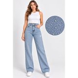 Curve Kadın Büyük Beden Taş Detaylı Yüksek Bel Bol Paça Açık Mavi Jeans Kot Pantolon
