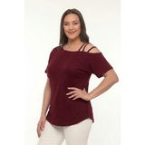 Curvy Trend Büyük Beden Asimetrik 3 Askı Biyeli Kısa Kol Bluz - Bordo - 50 - 52
