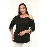 Curvy Trend Büyük Beden Asimetrik Tek Omuz Leopar Bant Leopar Kol Ucu Detaylı Bluz - 42 - 44 - 0 Siyah
