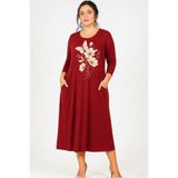 Curvy Trend Büyük Beden Beyaz Kelebek Çiçek Baskılı Geniş Kesim Uzun Kol Viskon Elbise Bordo