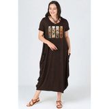 Curvy Trend Büyük Beden Bohem Kelebek Baskılı Baseni Geniş Kısa Kol Elbise - 0 - Kahverengi - 42 - 44
