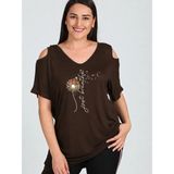 Curvy Trend Büyük Beden Breathe Baskılı Omuzu V Pencere Kısa Kol Bluz - 42 - 44 - Kahverengi