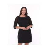 Curvy Trend Büyük Beden İnci Detaylı Yuvarlak Yaka Tül Kol Elbise