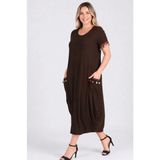 Curvy Trend Büyük Beden Kol Ucu ve Cep Püsküllü Baseni Geniş Kısa Kol Elbise - 0 - Kahverengi - 50 - 52