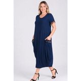 Curvy Trend Büyük Beden Kol Ucu ve Cep Püsküllü Baseni Geniş Kısa Kol Elbise - 0-Lacivert - 50 - 52