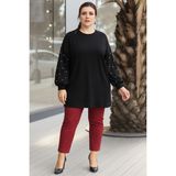 Curvy Trend Büyük Beden Kolları Incili Balon Kol 2 Iplik Tunik - Siyah - 54 - 56