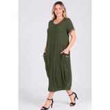 Curvy Trend Büyük Beden Kolucu ve Cep Püsküllü Baseni Geniş Kısa Kol Elbise - 02-Haki - 50 - 52