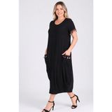 Curvy Trend Büyük Beden Kolucu ve Cep Püsküllü Baseni Geniş Kısa Kol Elbise - 50 - 52 - 0-Siyah