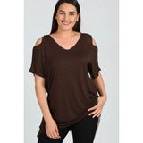Curvy Trend Büyük Beden Omuzu V Pencere Kısa Kol Bluz - Kahverengi - 46 - 48