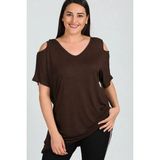 Curvy Trend Büyük Beden Omuzu V Pencere Kısa Kol Bluz - Kahverengi - 54 - 56