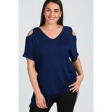 Curvy Trend Büyük Beden Omuzu V Pencere Kısa Kol Bluz - Lacivert - 42 - 44