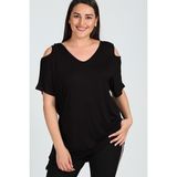 Curvy Trend Büyük Beden Omuzu V Pencere Kısa Kol Bluz Siyah - 54 - 56
