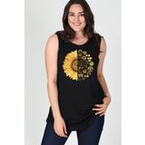 Curvy Trend Büyük Beden Sun Flower Baskılı Kolsuz Viskon Basic Bluz