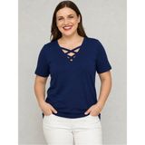 Curvy Trend Büyük Beden V Yaka Çapraz Bantlı Kısa Kol Bluz - 46 - 48 - Lacivert