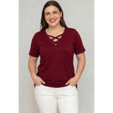 Curvy Trend Büyük Beden V Yaka Çapraz Bantlı Kısa Kol Bluz - 54 - 56 - Bordo