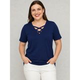 Curvy Trend Büyük Beden V Yaka Çapraz Bantlı Kısa Kol Bluz - 54 - 56 - Lacivert