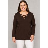 Curvy Trend Büyük Beden V Yaka Çapraz Bantlı Uzun Kol Bluz Kahverengi