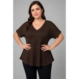 Curvy Trend Büyük Beden V Yaka Kısa Kol Geniş Etekli Bluz - 50 - 52 - Kahverengi