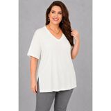 Curvy Trend Büyük Beden V Yaka Kısa Kol Yan Yırtmaçlı Bluz - 46 - 48 - Ekru