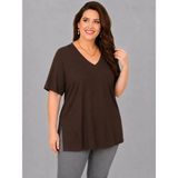Curvy Trend Büyük Beden V Yaka Kısa Kol Yan Yırtmaçlı Bluz - 50 - 52 - Kahverengi