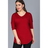 Curvy Trend Büyük Beden Yarım Kol Bluz Kadın V Yaka Bordo Düz Renk Şık Tasarım - 50 - 52