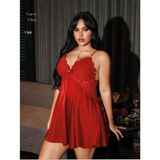 Curvy Vibes Kırmızı Göğsü Dantelli Eteği Volanlı Aksesuar Detaylı Büyük Beden Mini Gecelik
