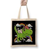 Cute Dinosaur & Unicorn Unisaur Mythical Animal Bez Çanta Uzun Saplı - Açık Bej - 40 X 40