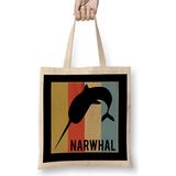 Cute Narwhal Retro Vintage Horned Beluga Whale Bez Çanta Uzun Saplı - Açık Bej - 40 X 40
