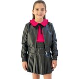 Cuties Kız Çocuk Bayramlık Deri Görünümlü Ceket Etek Takım – Fiyonklu Bebe Yaka Bluzlu 3 Parça Şık Kombin - Siyah - 6 - 7 Yaş