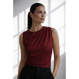 Cuyka Kadın Drapeli Kolsuz Bluz Şık Ofis Basic Fit Sandy Kumaş - Bordo
