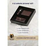 Cüzcan Motifli Hakiki Deri 3'lü Avrupa Seyahat Seti - Pasaport Kılıfı, Gözlük Kılıfı, Anahtarlık - Kahve