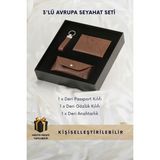 Cüzcan Motifli Hakiki Deri 3'lü Avrupa Seyahat Seti - Pasaport Kılıfı, Gözlük Kılıfı, Anahtarlık - Taba